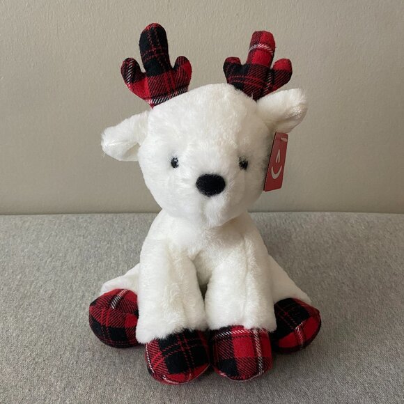 Aurora Red White Black Plaid Hooves Antlers White Holiday Reindeer 10" 2020 - Picture 1 of 12